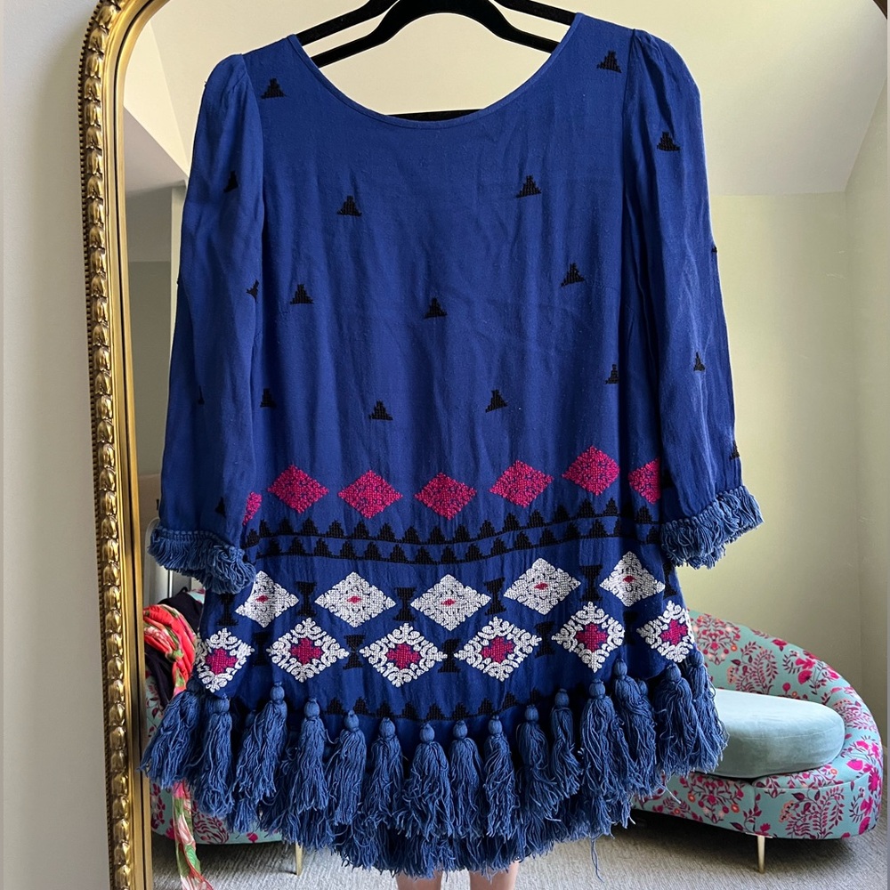 Blue Fringe Embroidered Top